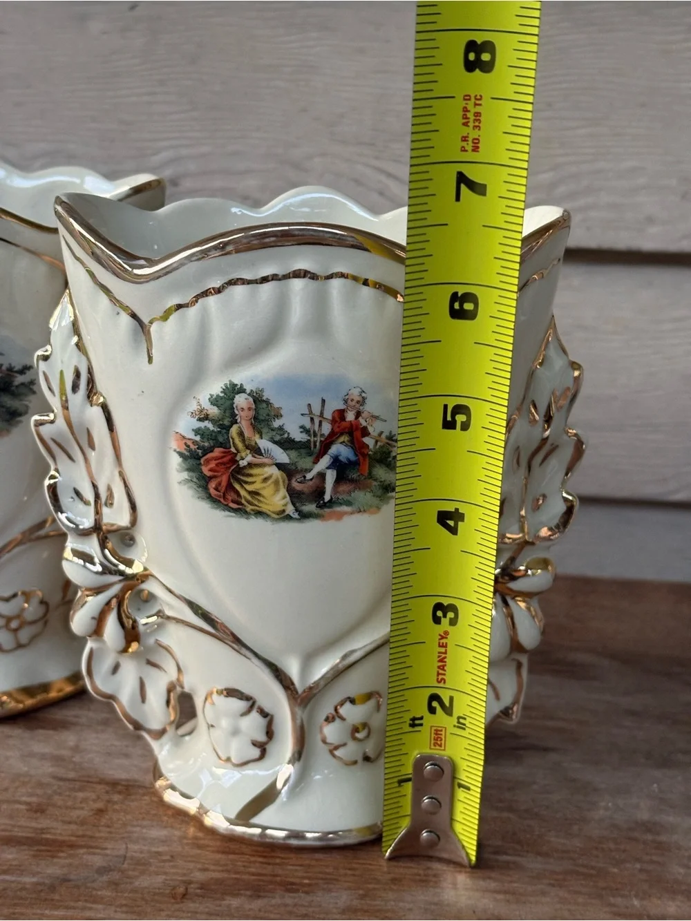 2 VTG Fleetwood China porcelain vases with a Victorian transfer scene, 22k gold